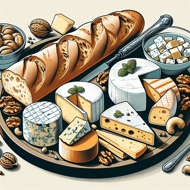 elegant French cheese platter with baguette and nuts
