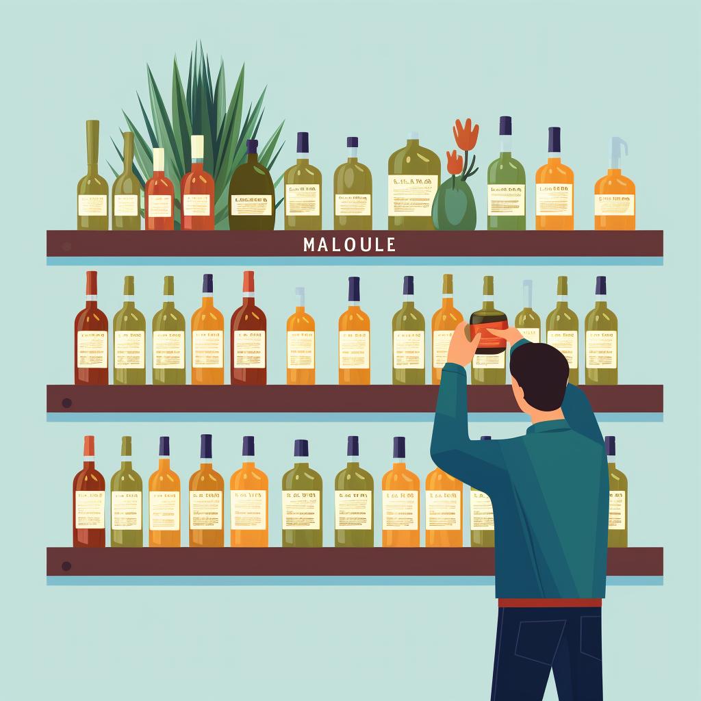 A hand selecting a bottle of 100% agave tequila from a shelf