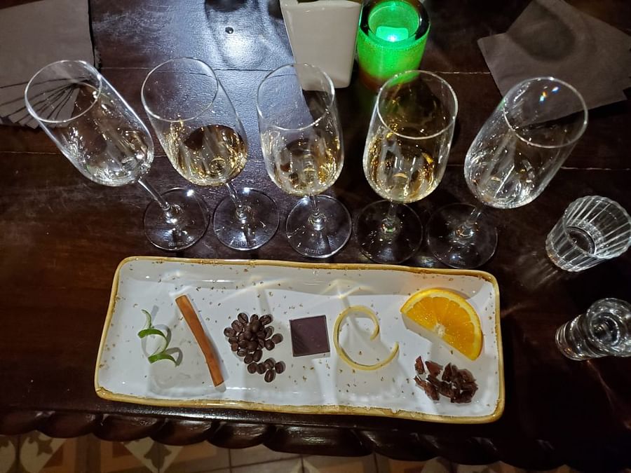 Annotated tequila tasting setup showcasing different types of tequila